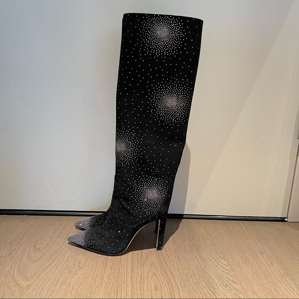 Jimmy Choo Marvis Crystal Embellished Knee High Black Suede Boots 37.5